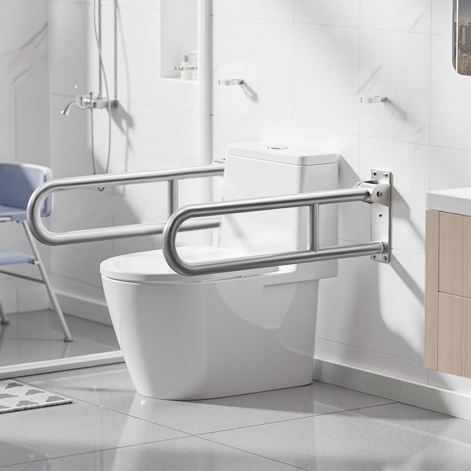Toilet Grab Bar, Bathroom Safety Handrail Wall Mounted, 304 Stainless Steel Flip Up Folding Support Rail for Elderly