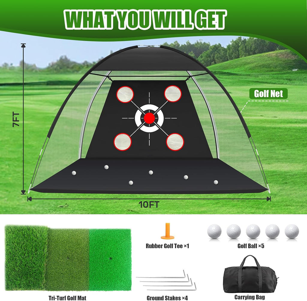 Golf Net with Practice Mat,Golf Hitting Aid Nets 10x7FT for Backyard Driving Chipping Training Swing,Gifts for Men