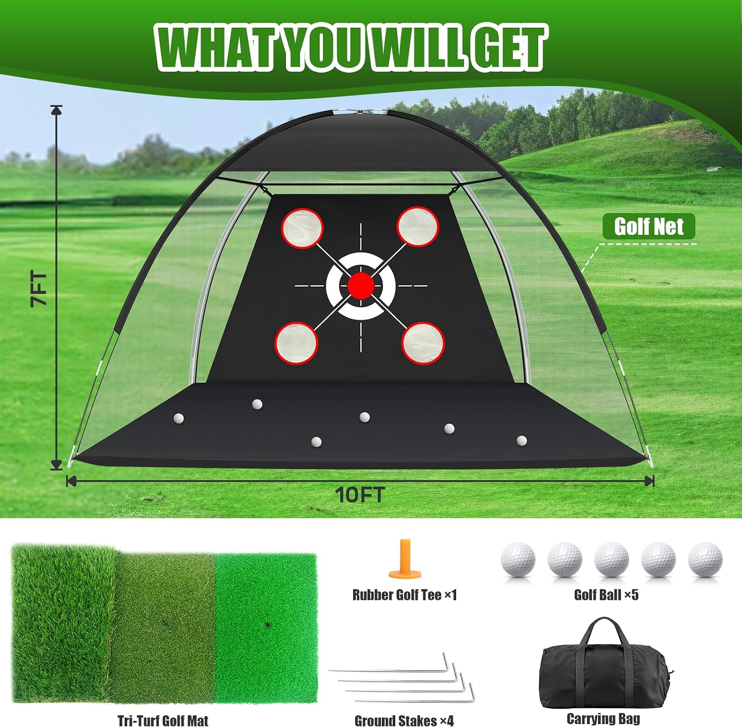 Golf Net with Practice Mat,Golf Hitting Aid Nets 10x7FT for Backyard Driving Chipping Training Swing,Gifts for Men