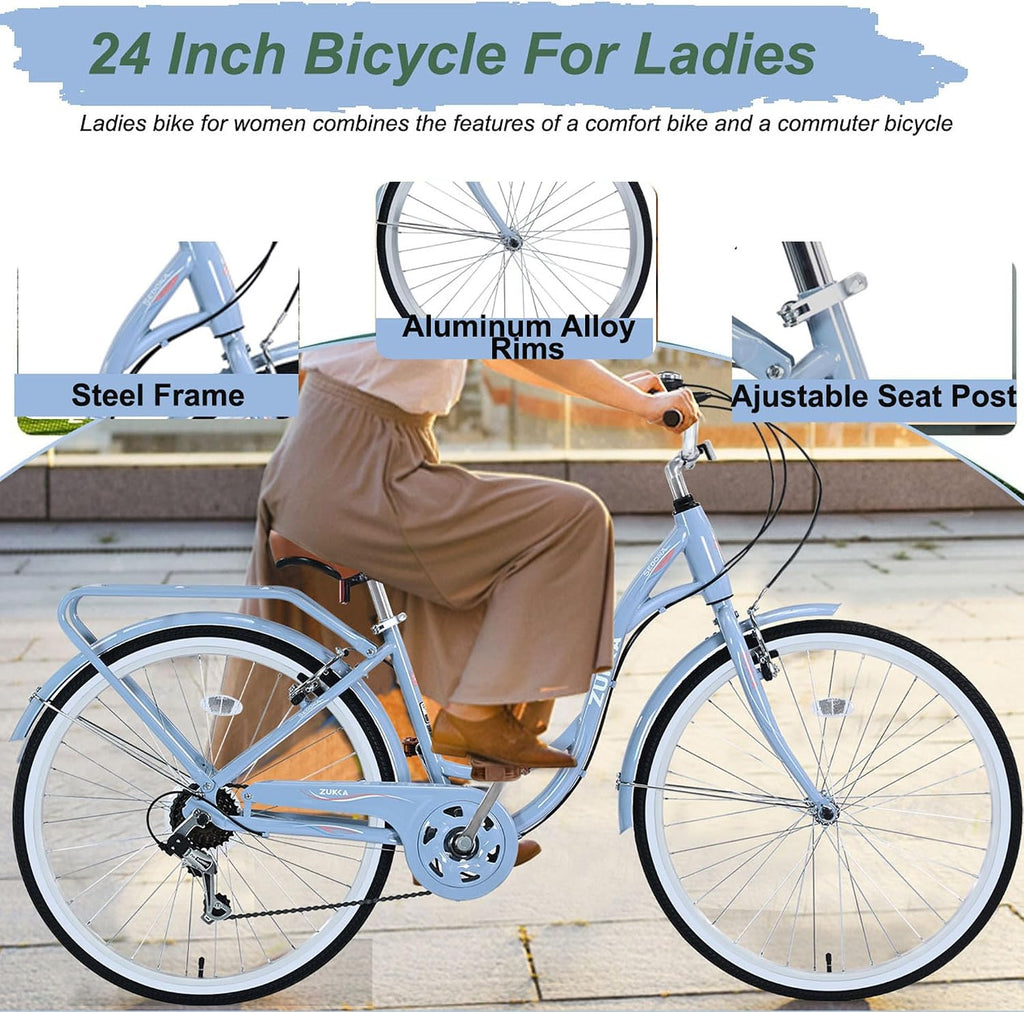 24/26 Inch Girls Cruiser Bike 24/26 Inch Beach Cruiser Bike for Women，City Hybrid Bike 7 Speeds Bicycle Commuter Bike