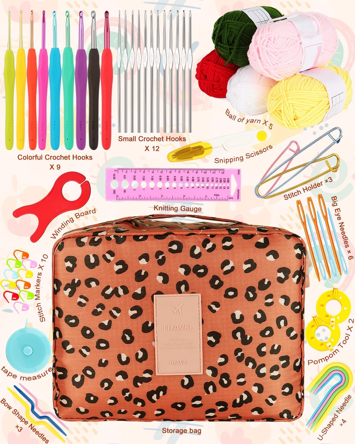 Crochet Kit Beginners Crochet Hook Set with Crochet Yarn,58PCS Portable Crochet Set Ergonomic Crochet Hooks Travel