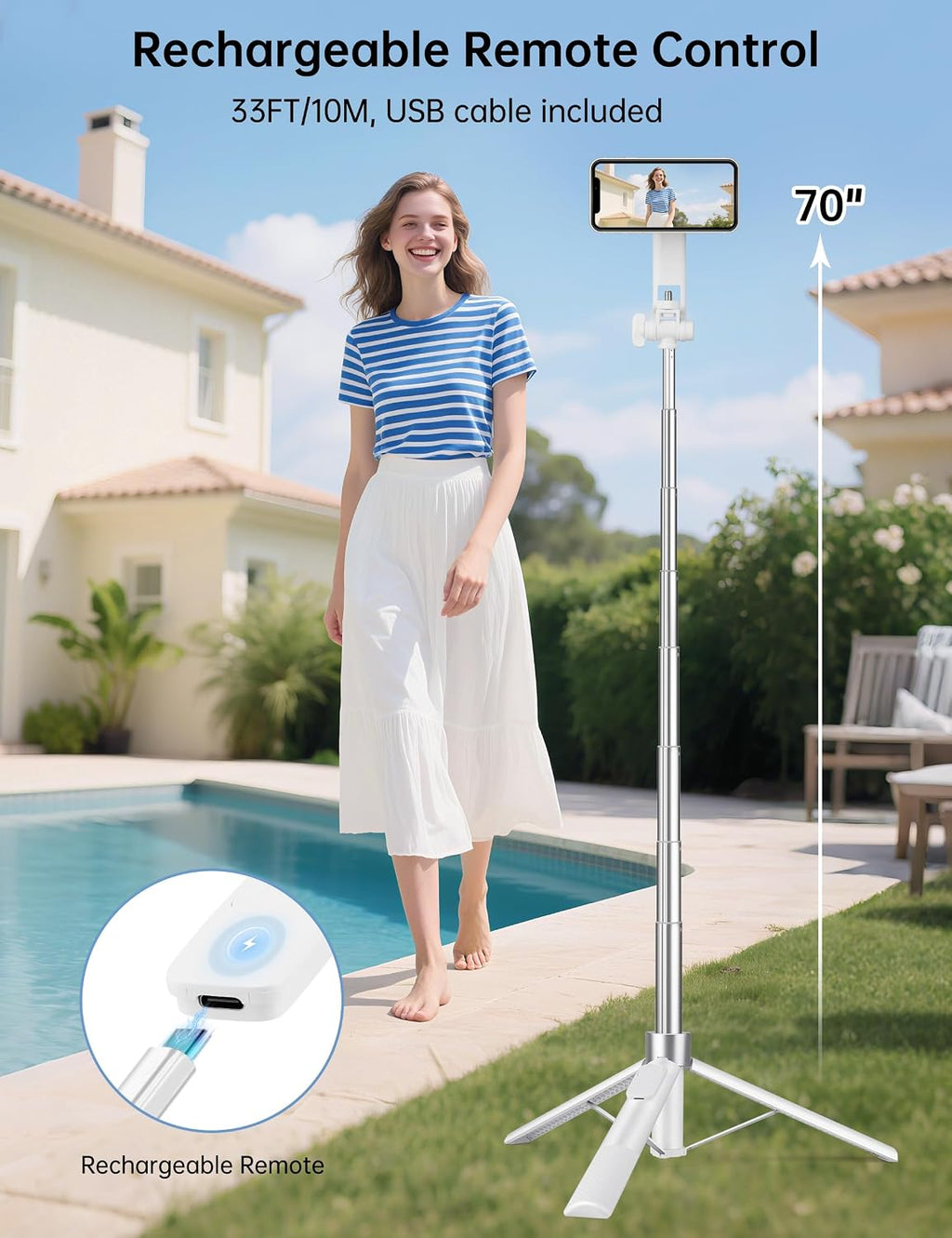 70" Magnetic Tripod for iPhone Magsafe, Extendable Selfie Stick Tripod | Rechargeable Remote & Magnetic Holder, 360°