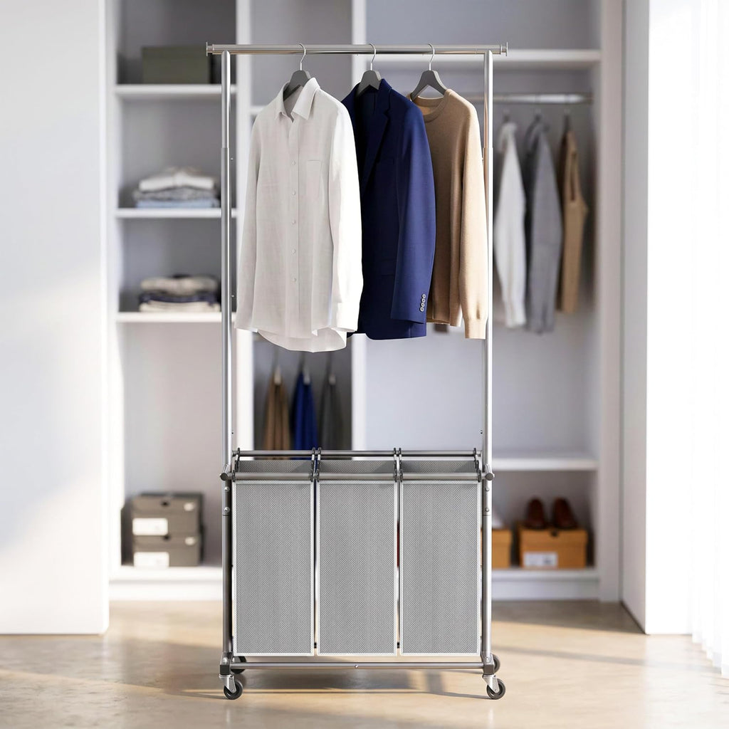 Laundry Sorter Cart with Hanging Rod, Silver | Extendable Width from 30.6 to 48", Removable 3-Section Laundry Basket