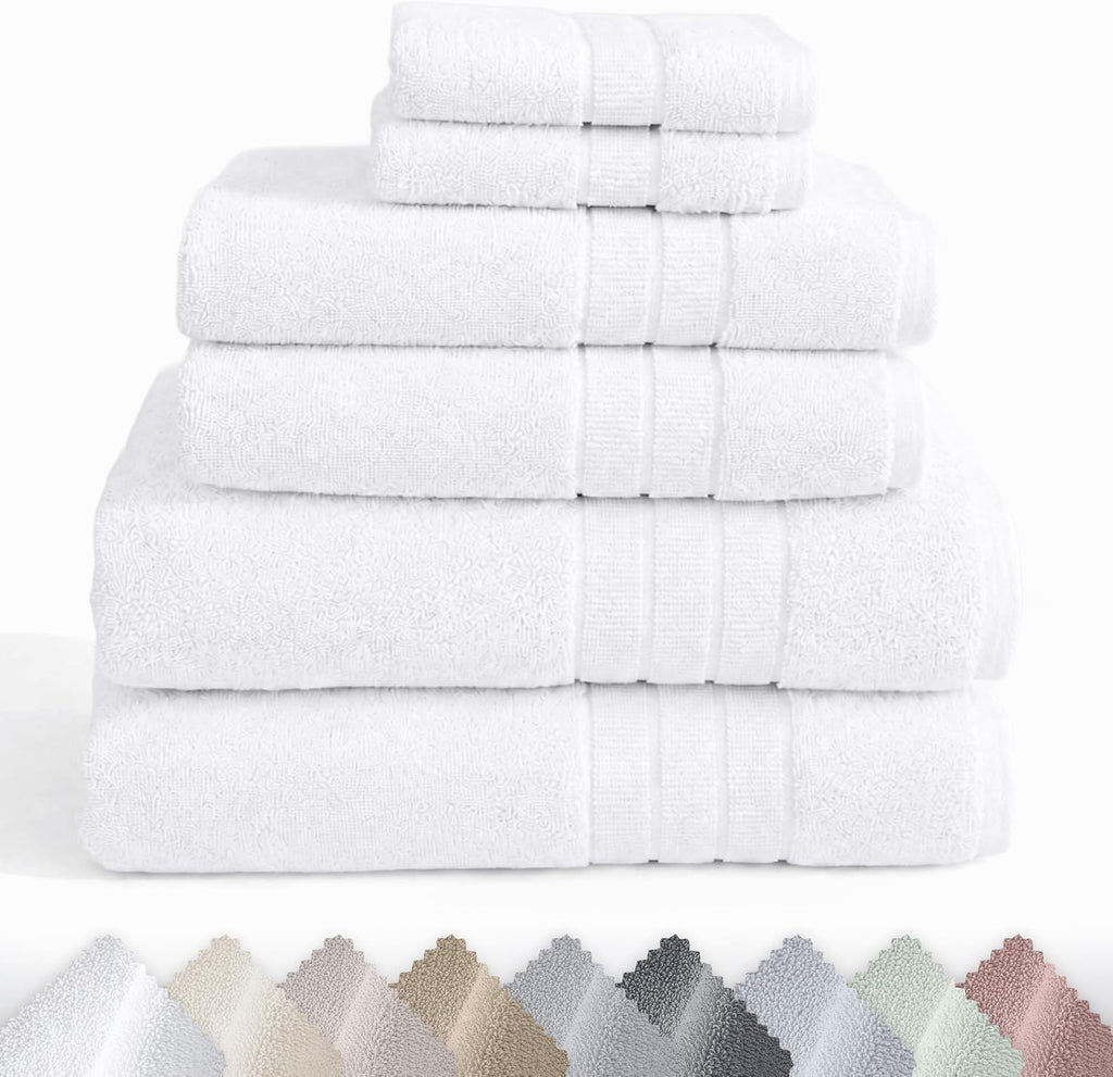 Organic Cotton 6 Pc Bath Towel Set, Bright White | 100% Organic Turkish Cotton, 6-Pc Set: 2 Bath, 2 Hand Towels, 2