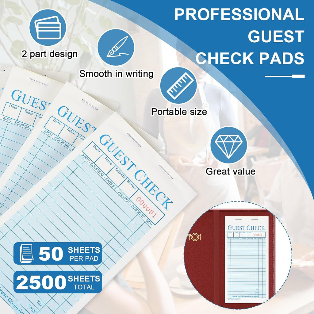 50 Pack Guest Check Pads Server Note Pads 3.5 x 6.7 Inch, Blue