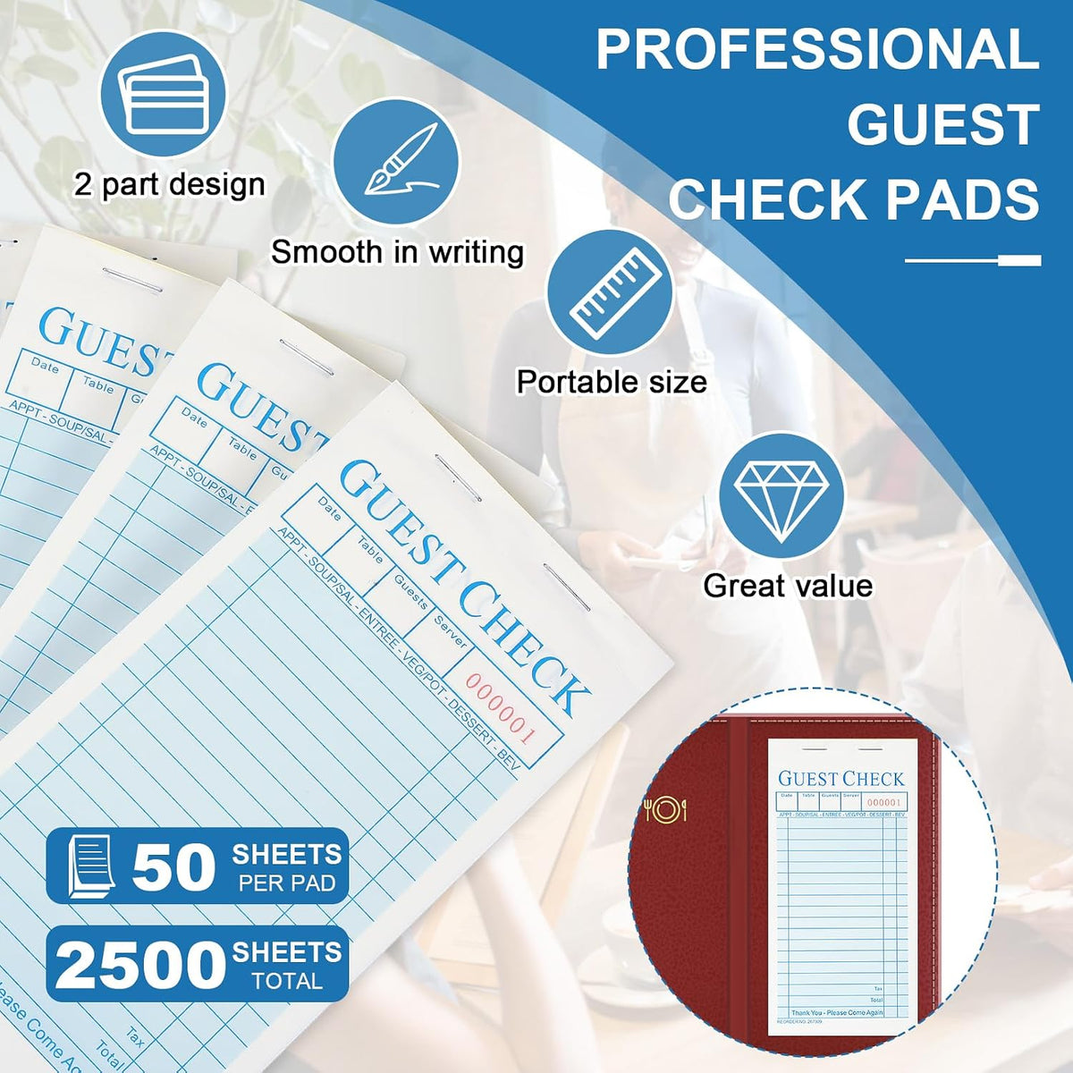 50 Pack Guest Check Pads Server Note Pads 3.5 x 6.7 Inch, Blue