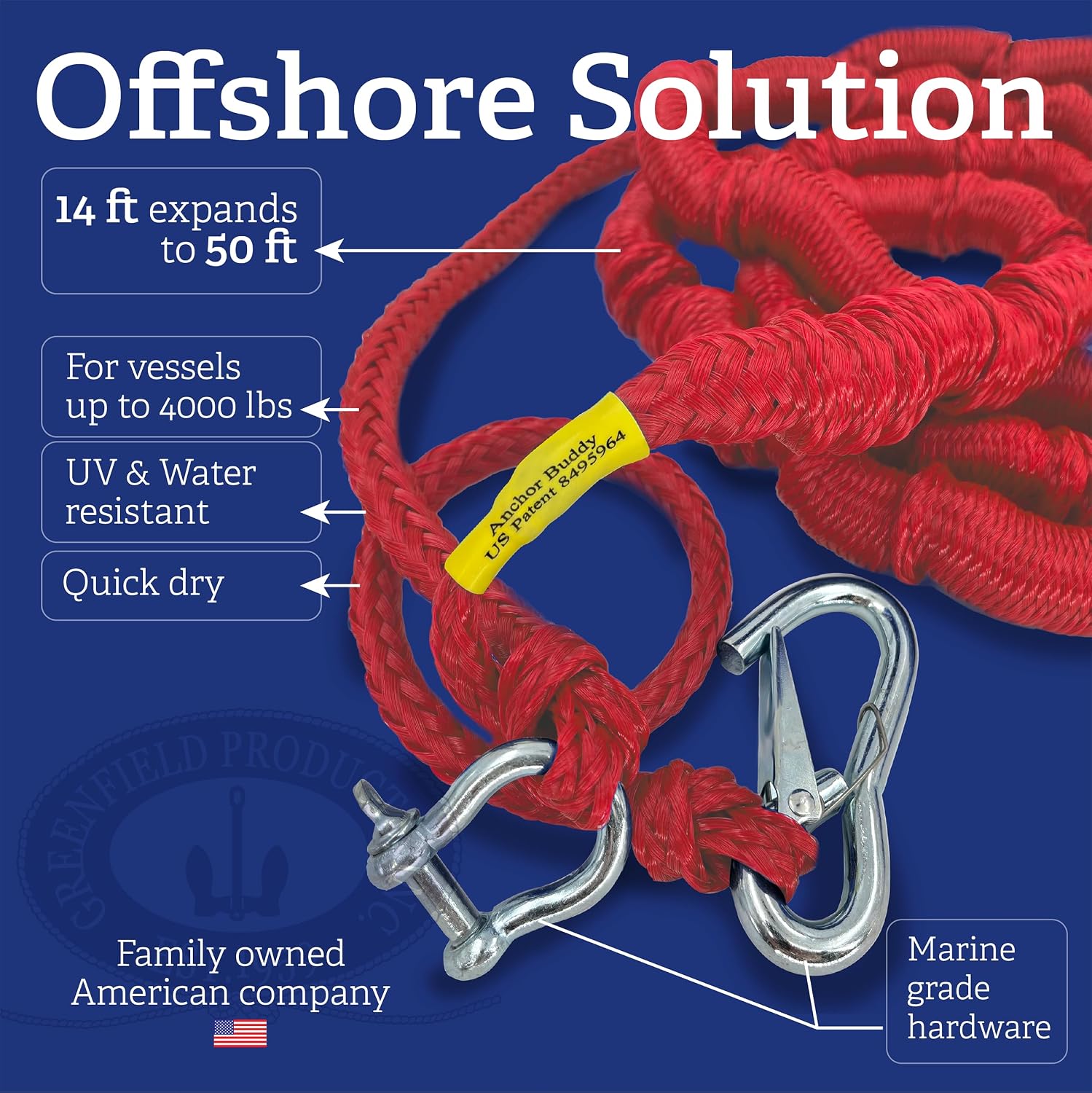 Greenfield Anchor Buddy, The Original Bungee Anchor Line for Boats. 14ft to 50ft Stretch. Elastic Anchor Rope, Bungee