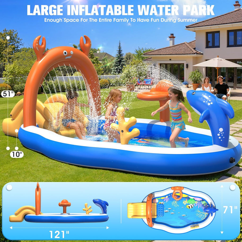 2026 Large Inflatable Play Center,Kiddie Pool with Water Slide&Sprinkler,121''x71"x51''Inflatable Toddler Pool with