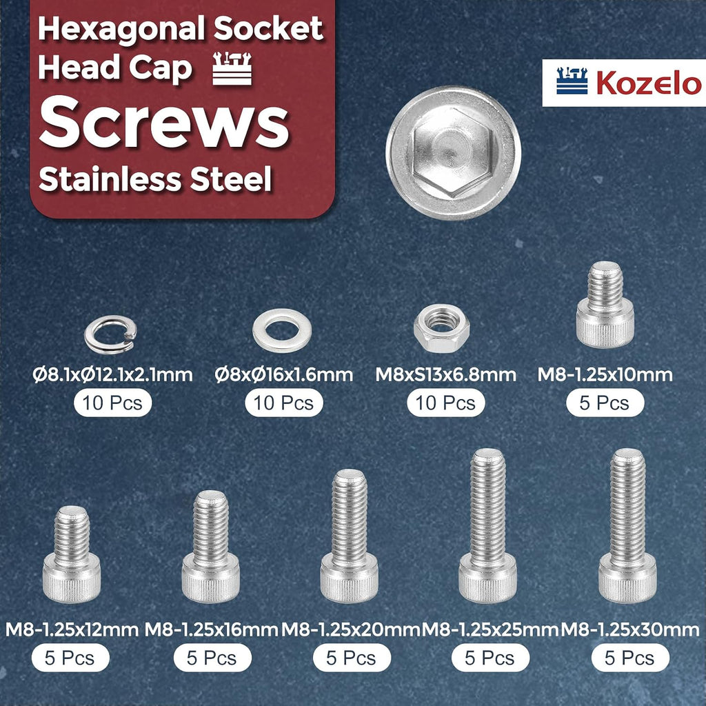 60pcs M8 Socket Head Cap Screws Bolts Nuts Kit 304 Stainless Steel