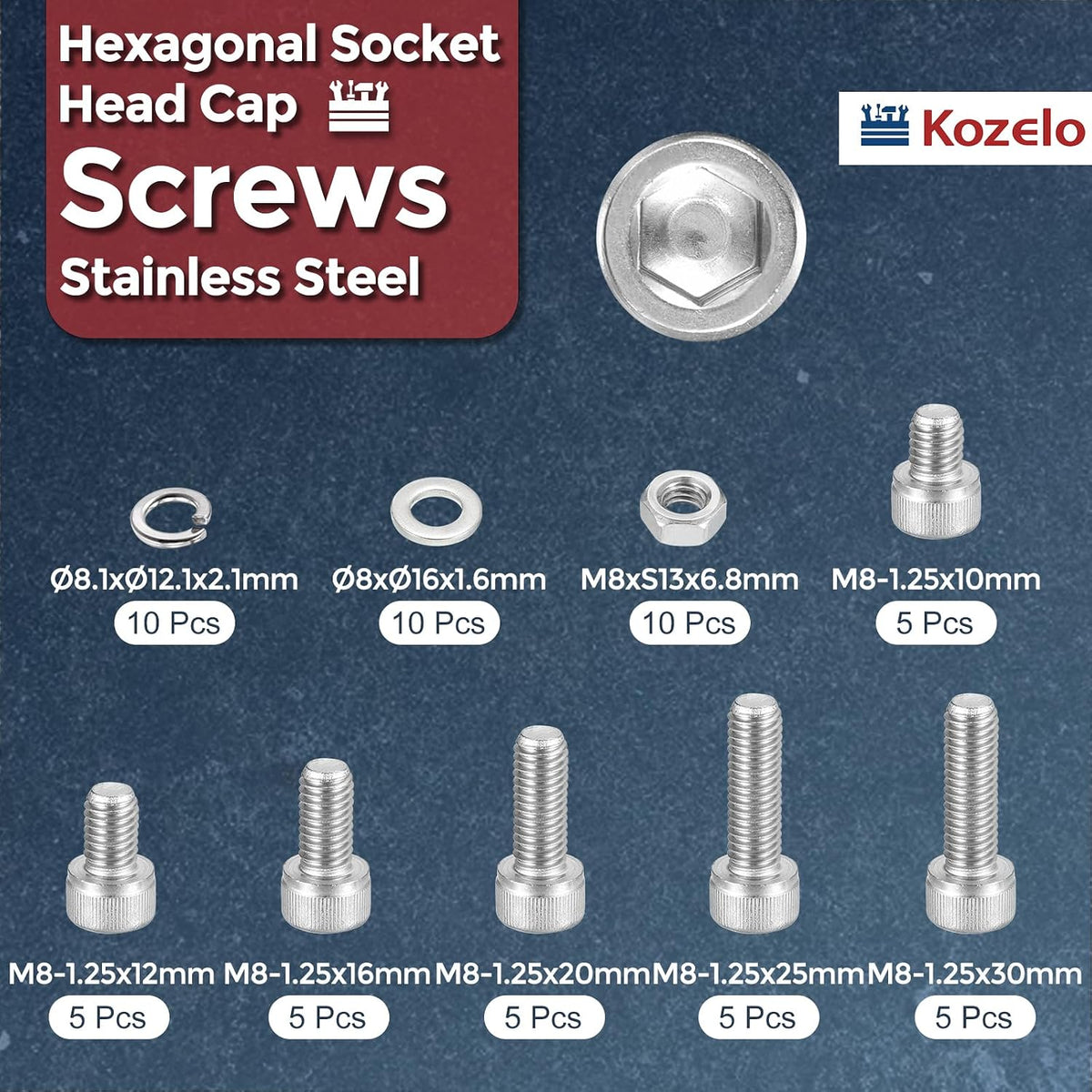 60pcs M8 Socket Head Cap Screws Bolts Nuts Kit 304 Stainless Steel