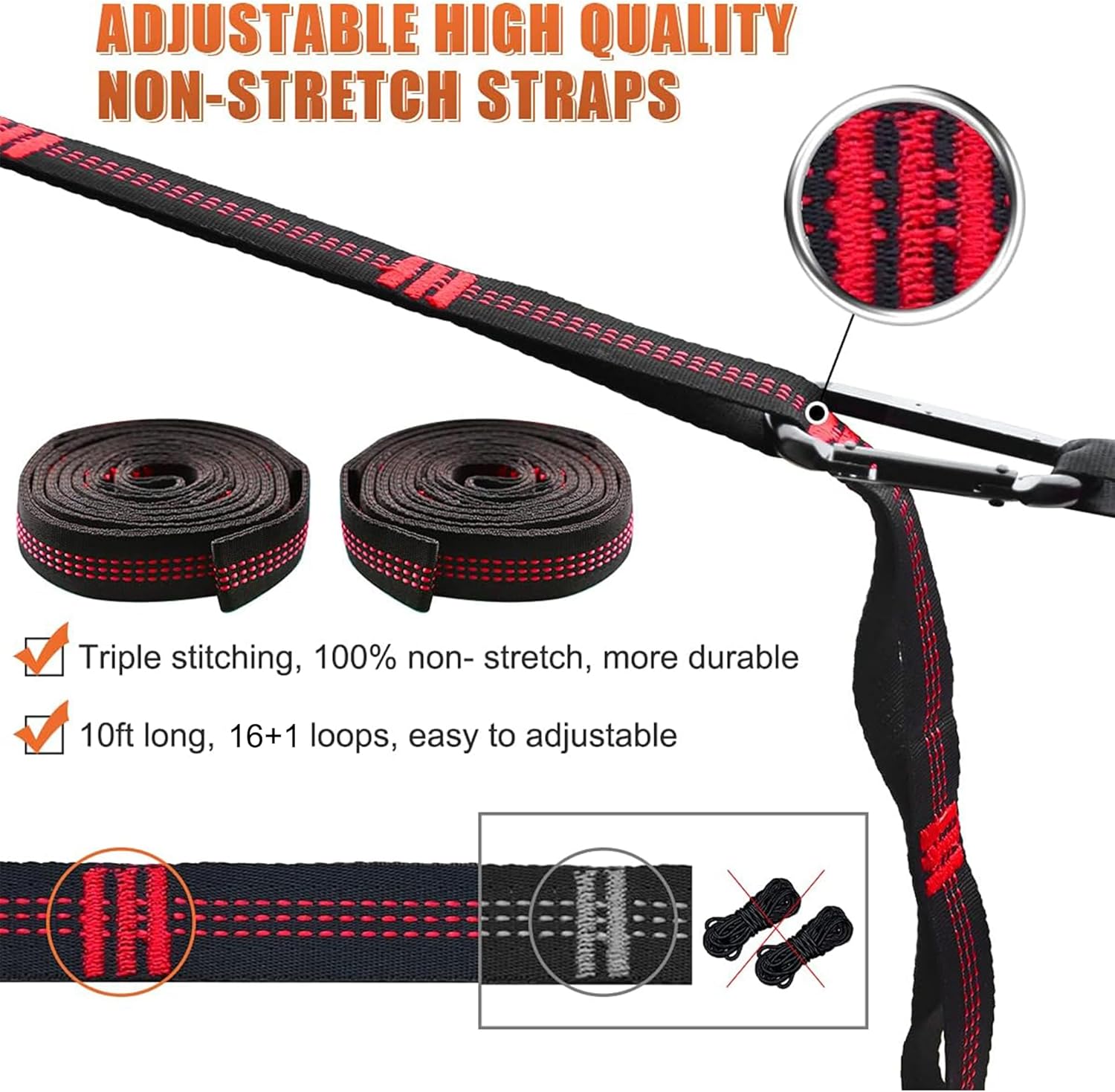 Hammock Tree Straps, Portable 10 FT Long 16+1Loops Adjustable Suspension Straps, 100% No Stretch&Lightweight, 1400