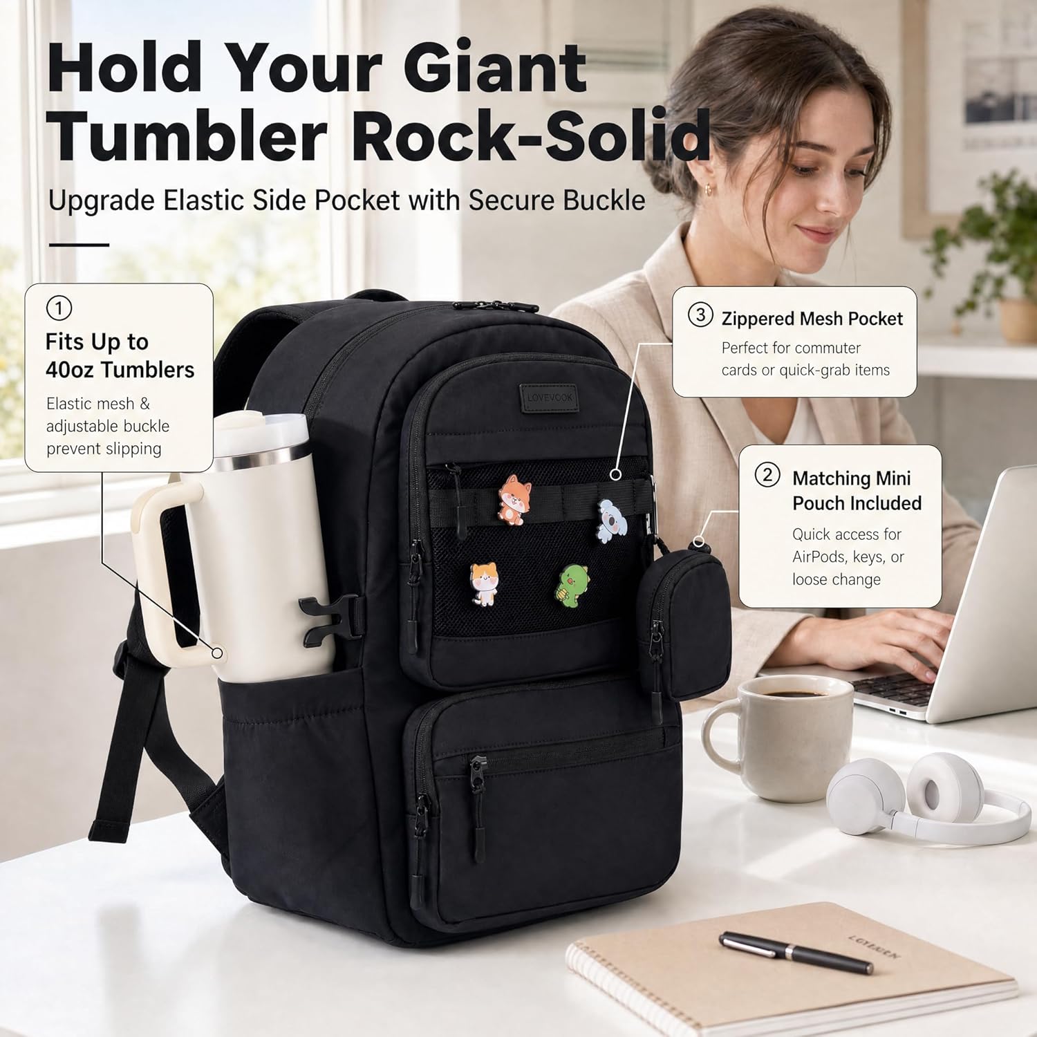 Waterproof Laptop Backpack, 17" Travel Daypack Compartments, Work College Travel Bag for Business Commute with Mini