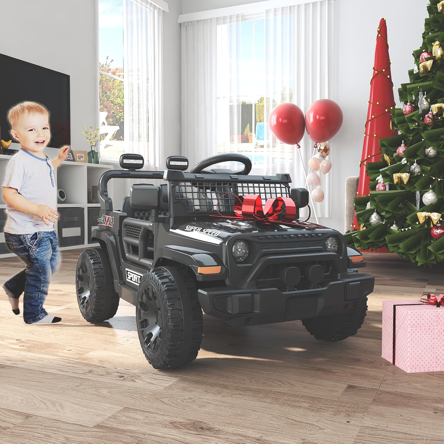 12V Ride on Car with Parent Remote Control, Toddler Electric Car with Spring Suspension, LED Lights & Music Player