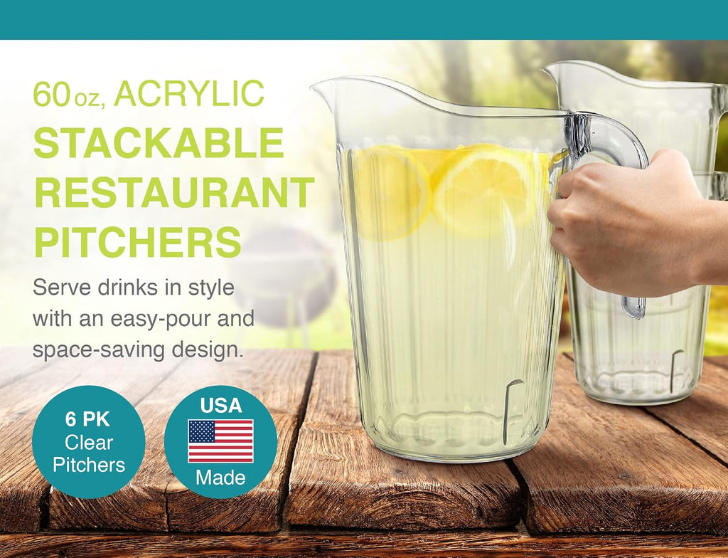 Arrow Clear Plastic Pitcher, 60 oz - 6 pk - Stackable Space-Saving Design - Dishwasher Safe - Ideal for Water, Beer &