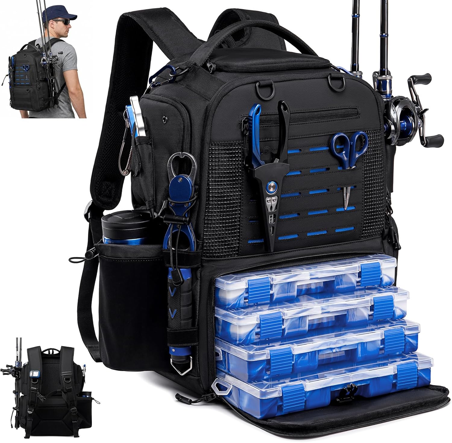 Fishing Tackle Backpack with Tackle Boxes, Two Rod Holders, Bottle Holder, 50L Waterproof Tackle Bag for Fishing