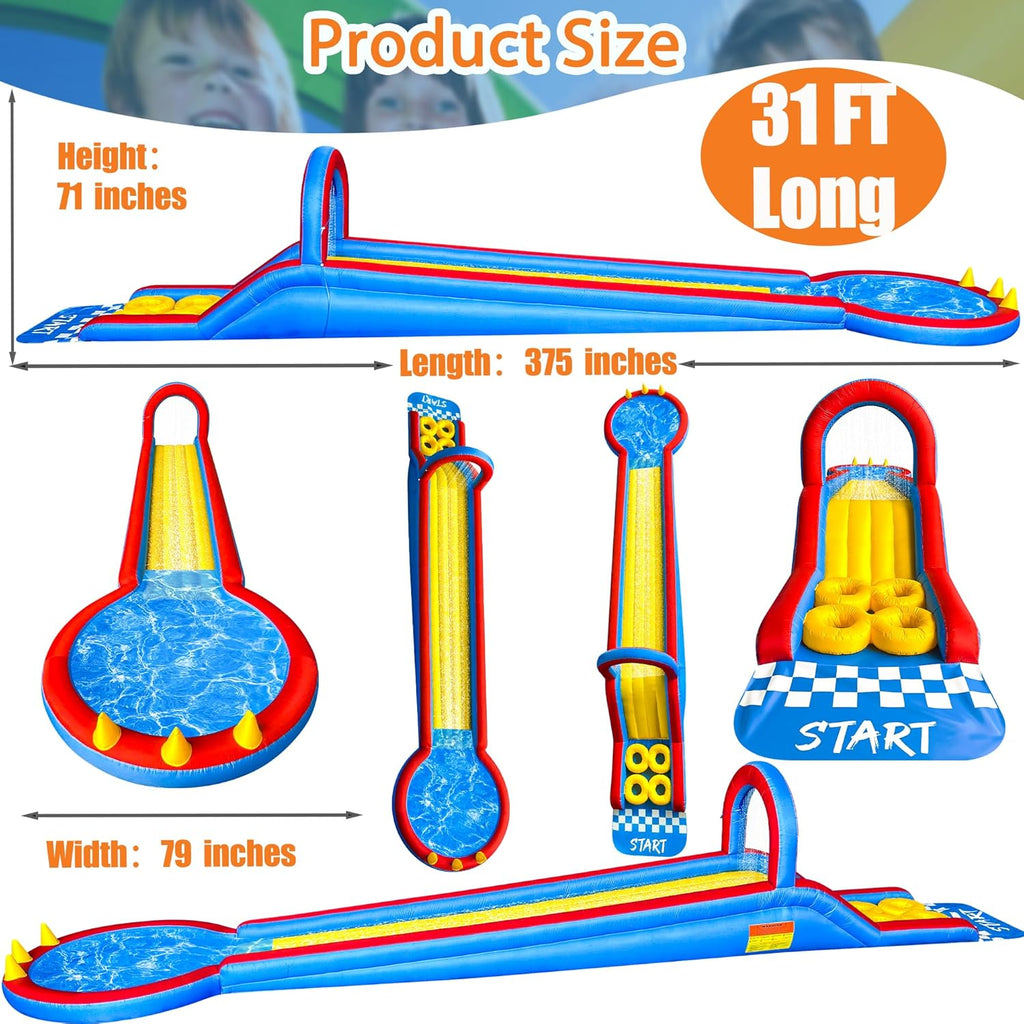 31FT Long Inflatable Water Slide,Water Park with Obstacle Courses,Climbing Ramp,Splash Pool & Overhead Sprinkle