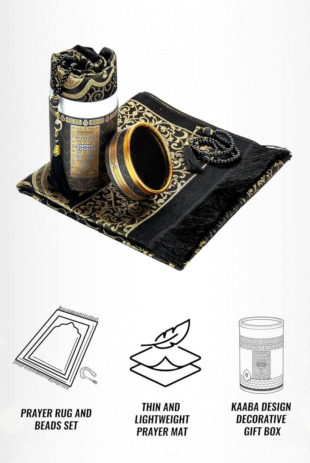 Muslim Prayer Rug and Prayer Beads with Elegant Design Cylinder Gift Box, Janamaz, Soft Sajadah, Islamic Gifts Set