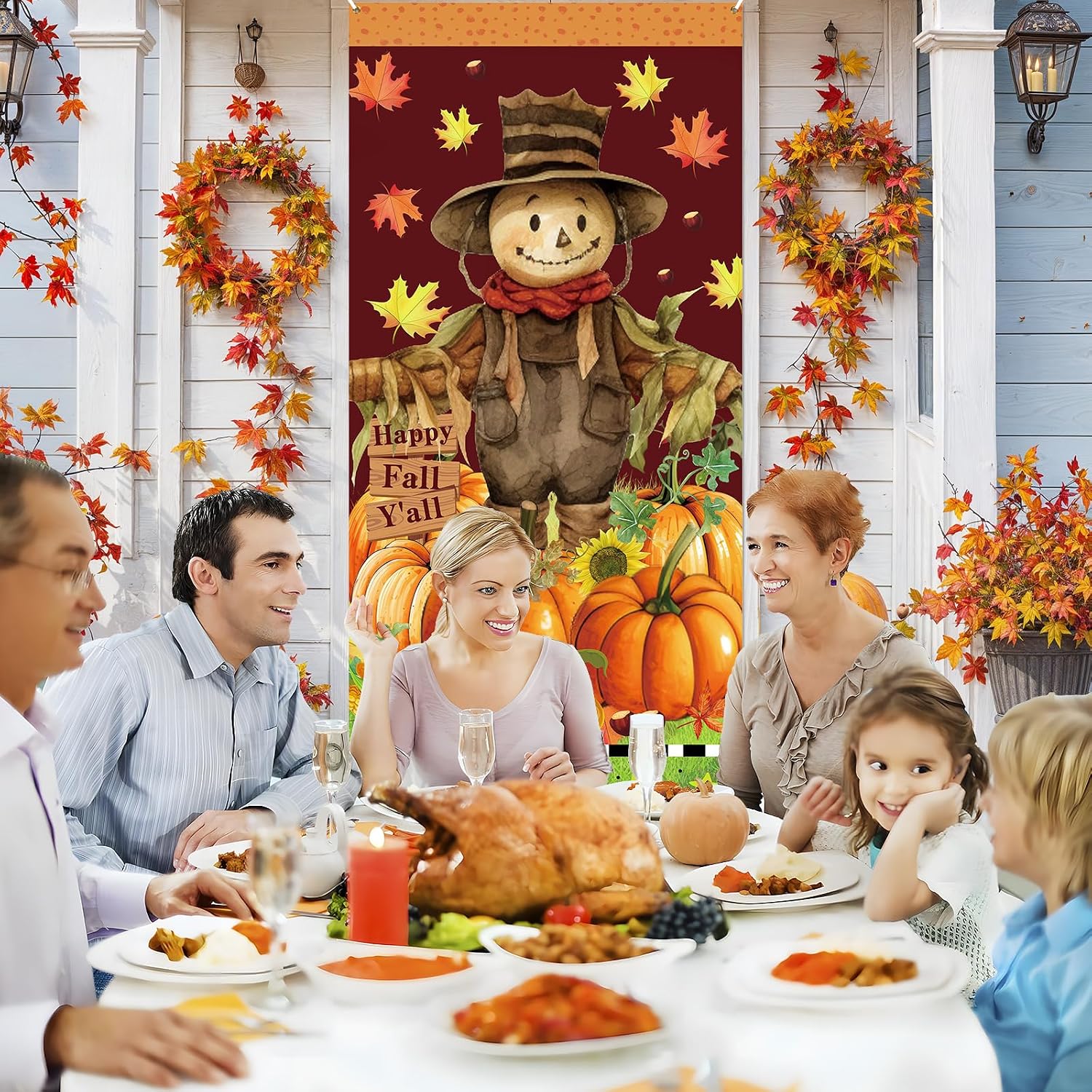 Happy Fall Y’all Door Cover for Front Door Fall Door Banner Autumn Thanksgiving Scarecrow Door Decorations Autumn