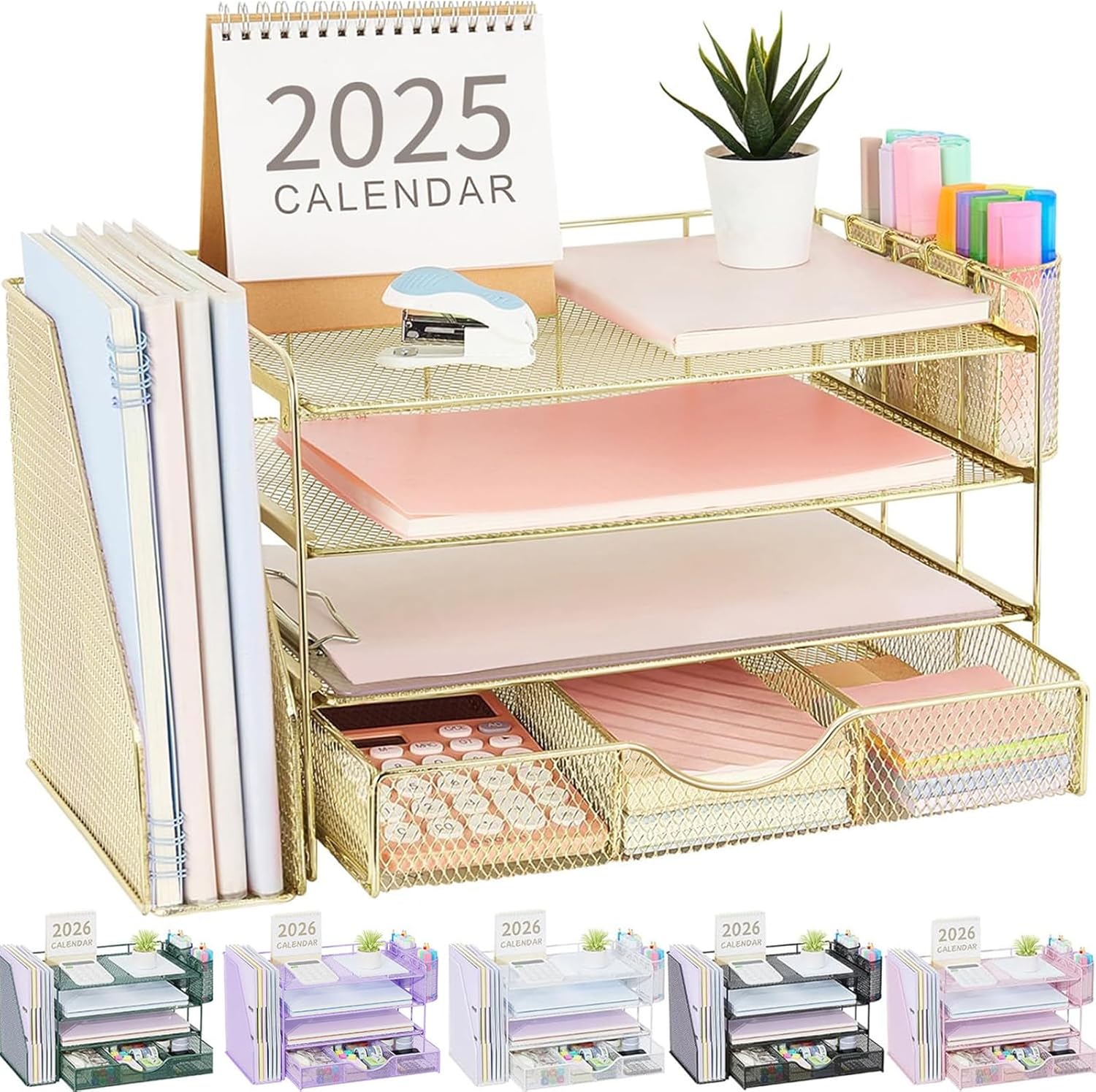 Desk Organizers and Accessories with File Holder, 4-Tier Desk Accessories & Workspace Organizers with Drawer and 2