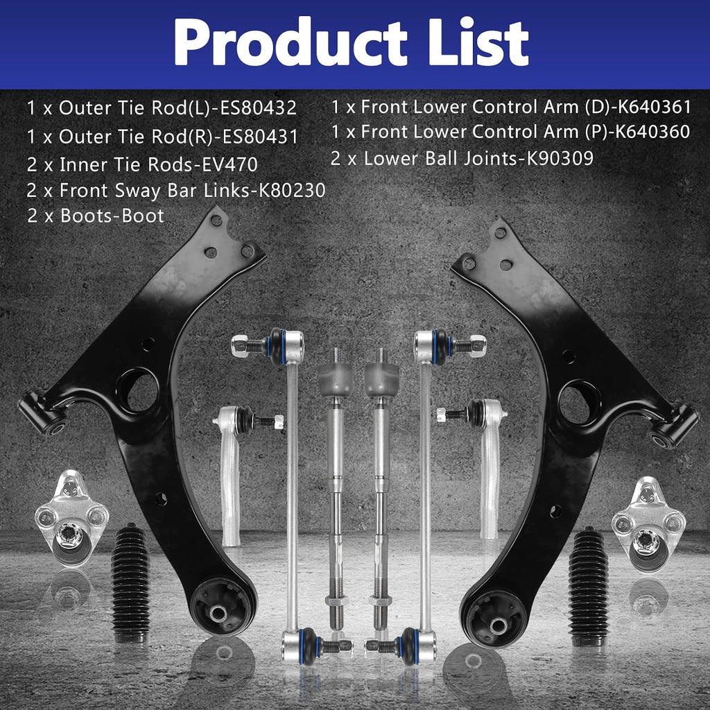 Control Arm, 12 Pcs Suspension Kit Front Lower Ball Joint Sway Bar Stabilizer Link Outer & Inner Tie Rod Bellows Replacement For Toyota Corolla 2003-2008