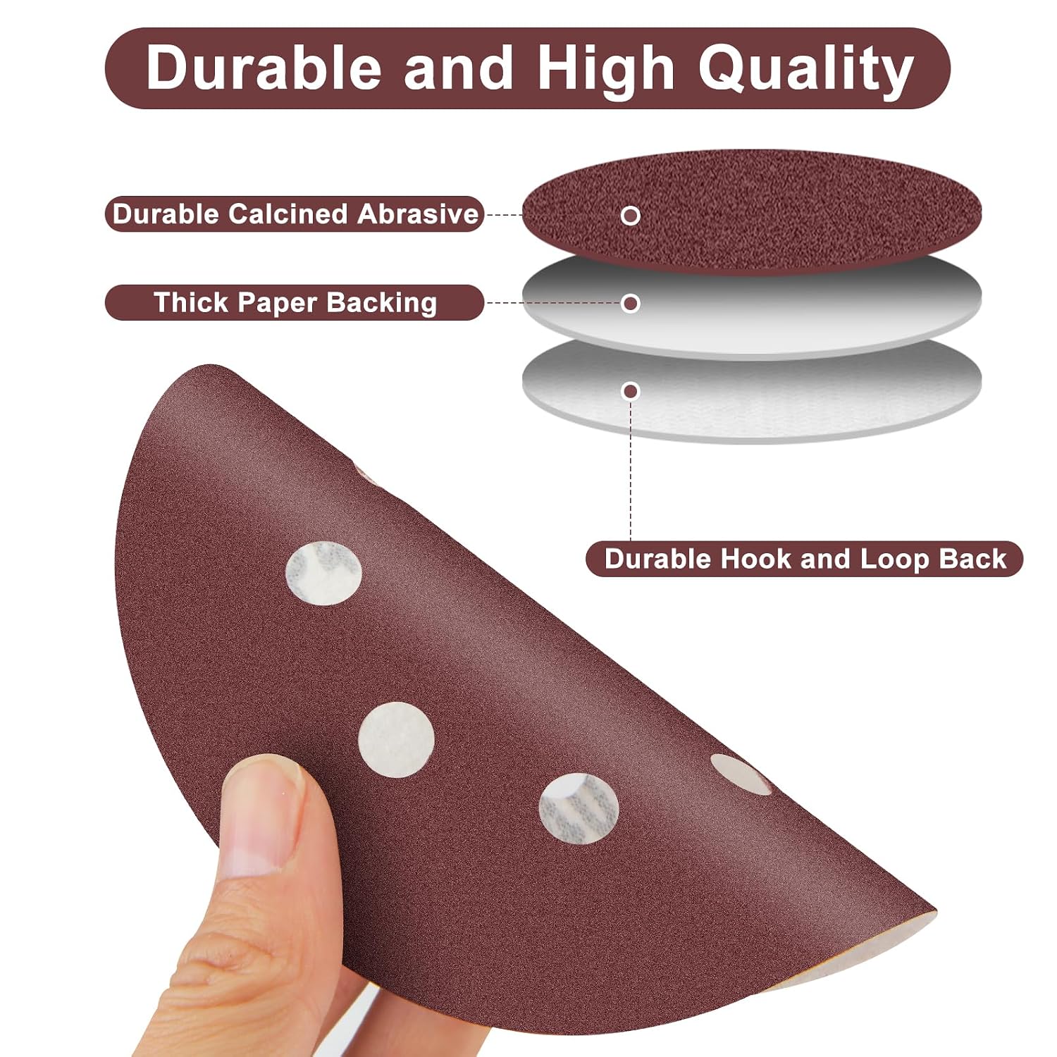 5 Inch 8 Hole Sanding Discs Hook and Loop, 50 PCS Orbital Sander Pads with Adhesive, Dustless Round Sand Paper Disc