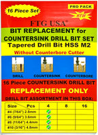 FTG USA 16Pc #4#6#8#10 Replacement Countersink Drill Bit Set Tapered Bits