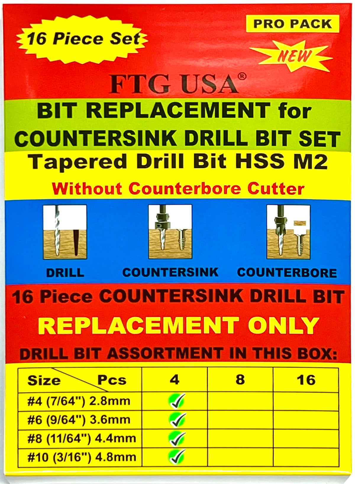 FTG USA 16Pc #4#6#8#10 Replacement Countersink Drill Bit Set Tapered Bits