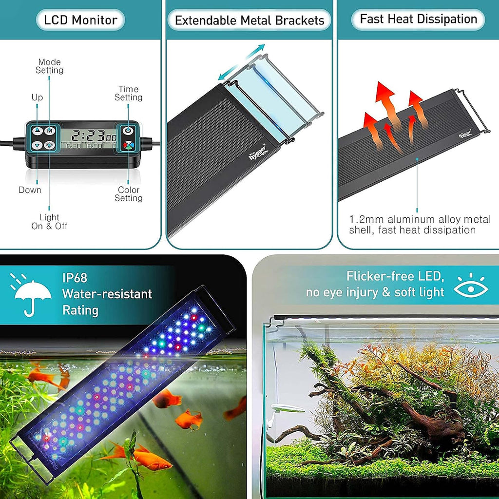 Auto On Off LED Aquarium Light, Full Spectrum Fish Tank Light with LCD Monitor, 24/7 Lighting Cycle, 7 Colors
