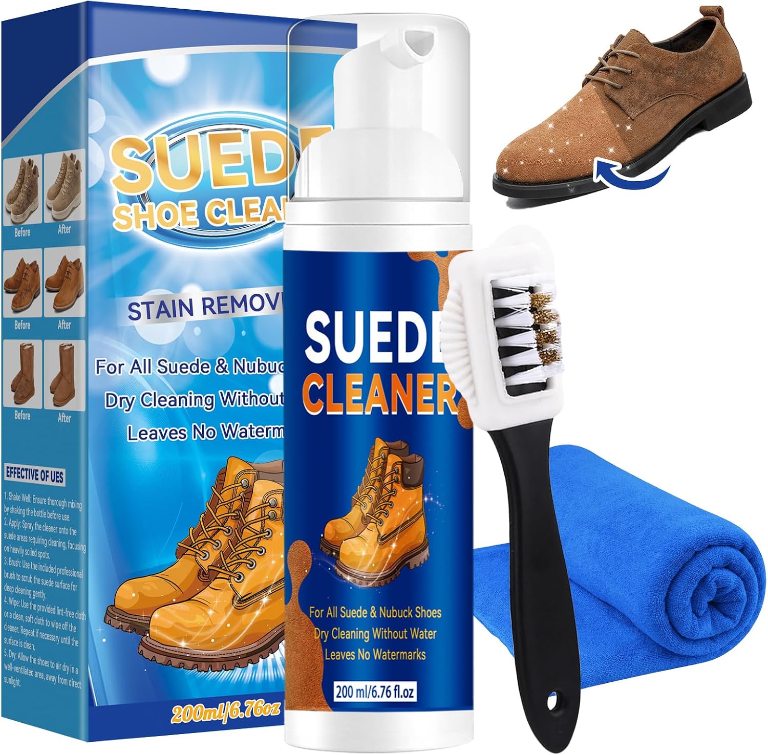 Suede Shoe Cleaner Kit 6.76 fl oz, No-Rinse Foam Shoe Cleaning Kit | Suede and Nubuck Shoe Cleaner with Brush and Cloth
