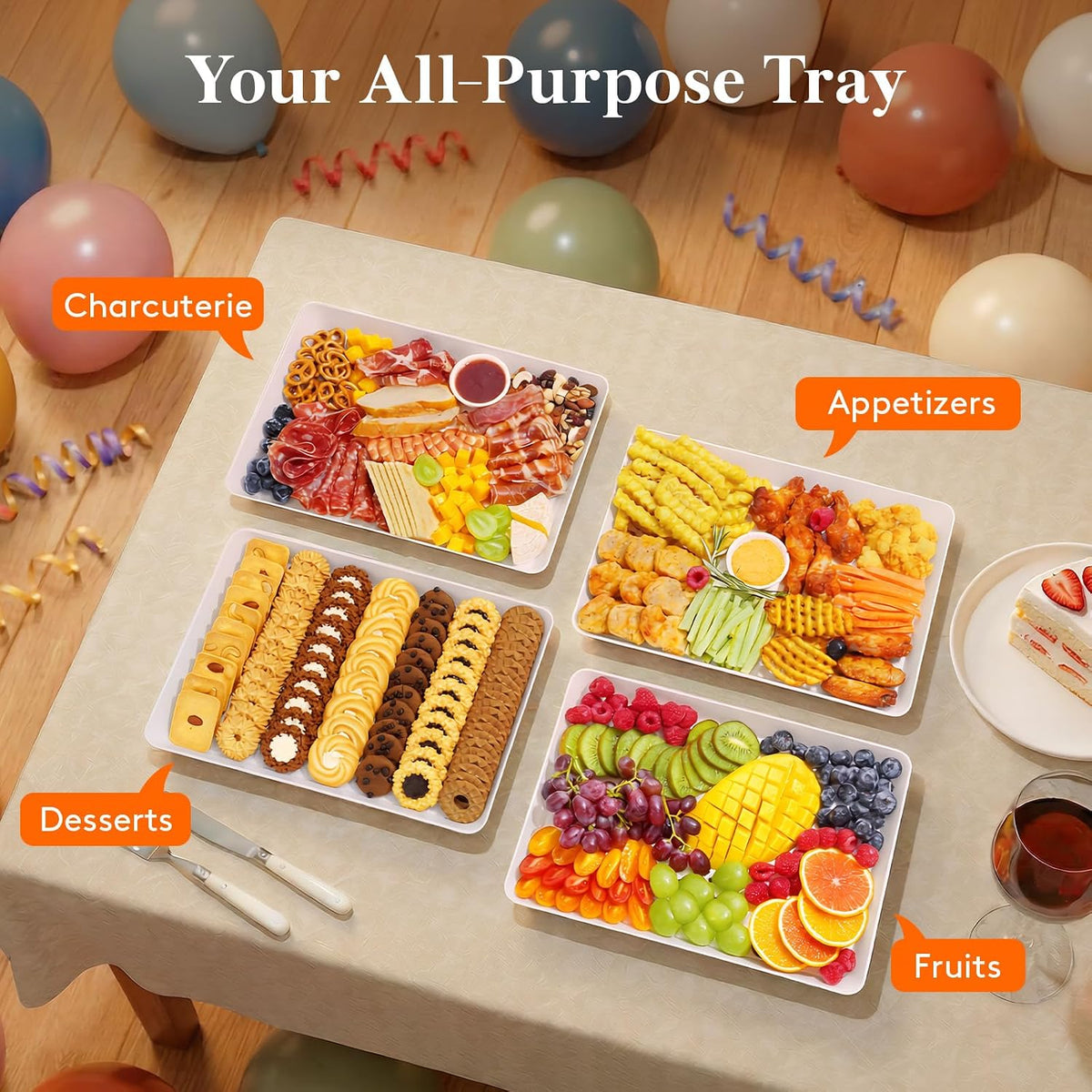 4-Pack 16" x 12" Extra Large Plastic Food Serving Trays for Party