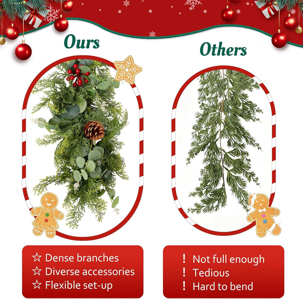 6ft Christmas Garland, Norfolk Pine Lighted Garland with Berries & Pinecones, Real Touch Greenery Wreath for