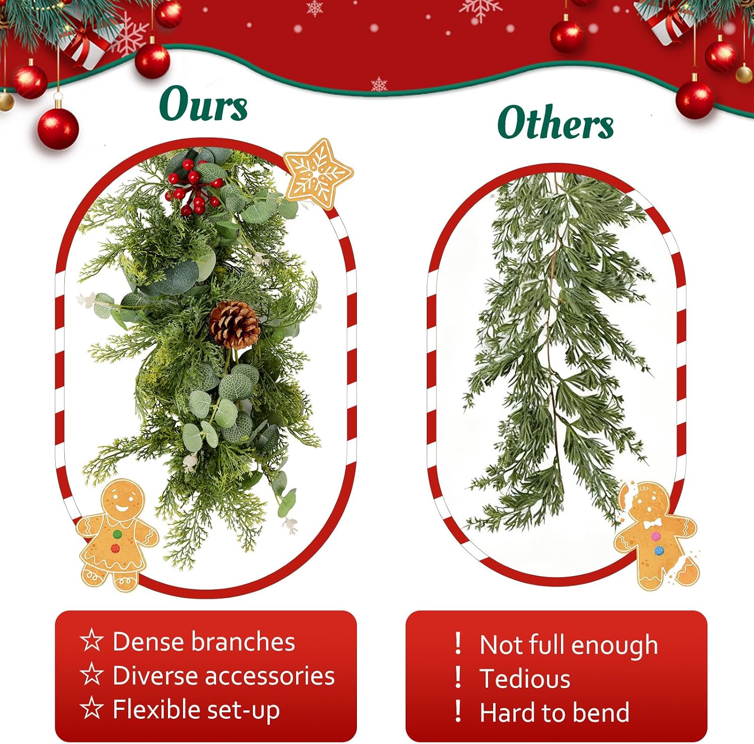 6ft Christmas Garland, Norfolk Pine Lighted Garland with Berries & Pinecones, Real Touch Greenery Wreath for
