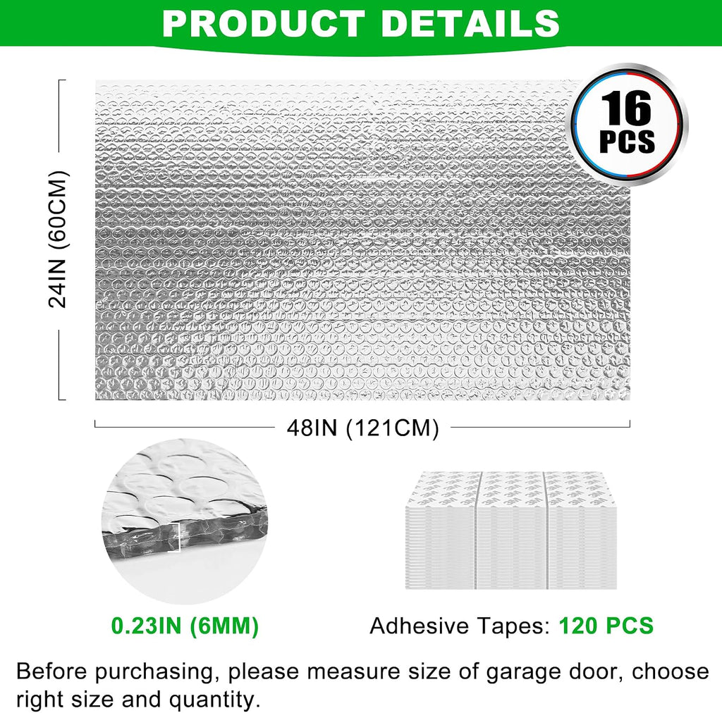 16P Garage Door Insulation Kit Panels 6MM 16x8FT for Double Garage Door, Pre-Cut Bubble Reflective Aluminum Foil
