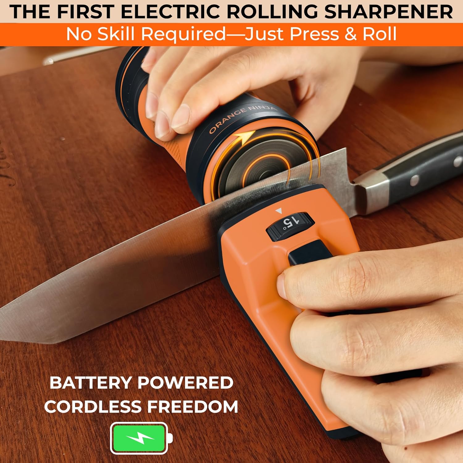 Orange Ninja Electric Rolling Knife Sharpener – Magnetic Lock, No Skill Required – 5 Knife Sharpening Angles