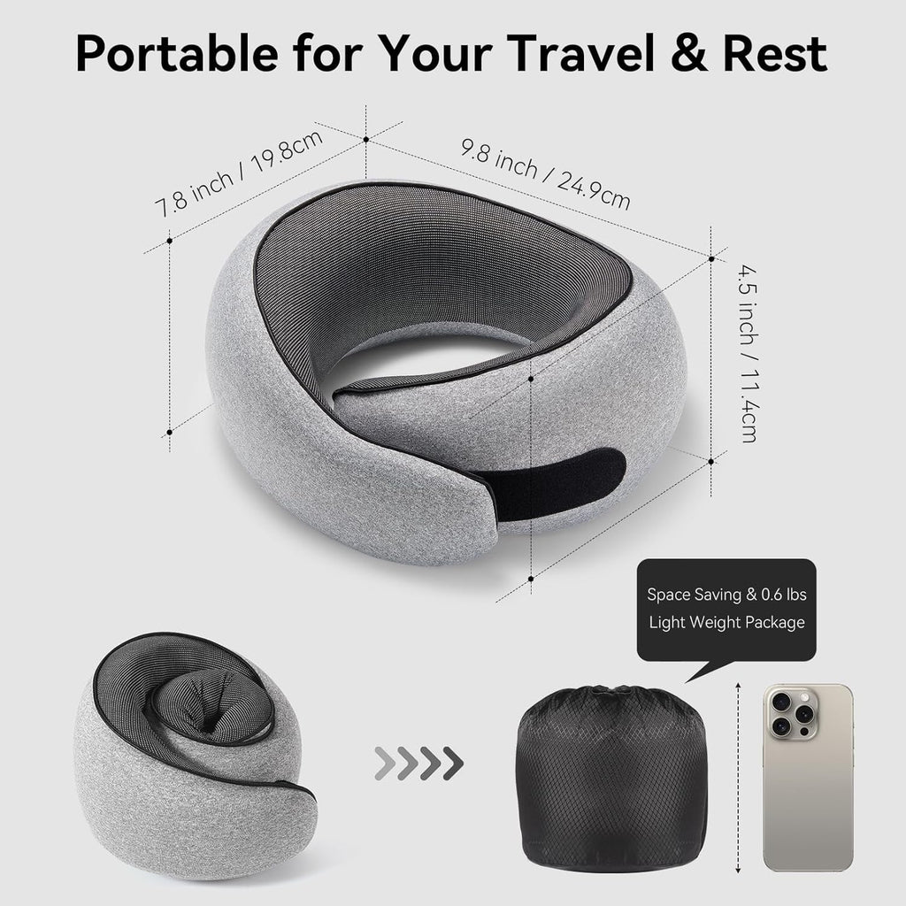 Travel Pillow, Memory Foam Neck Pillow with Ergonomic 360° Support, Travel Neck Pillow for Airplanes, Compact Design