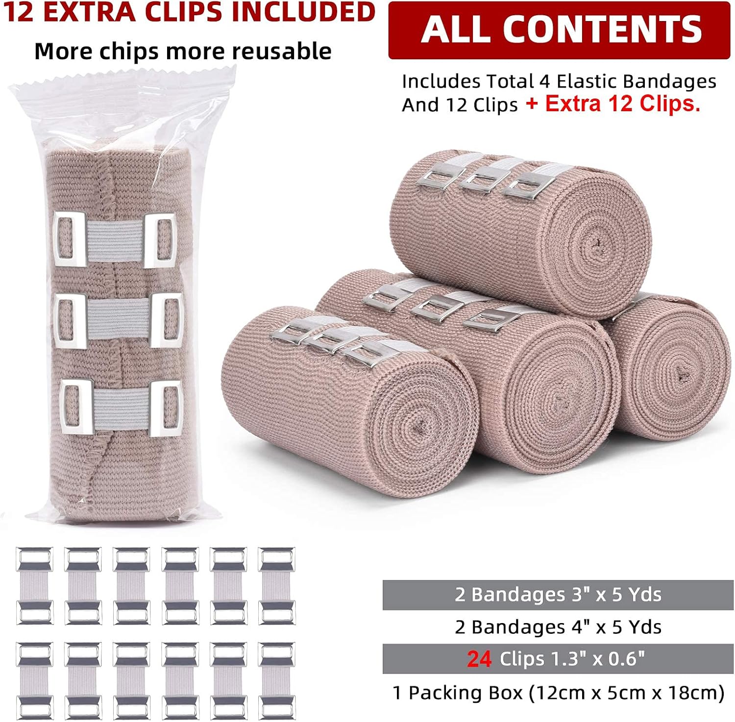 Elastic Bandage Wrap 4 Pack(2 X 3 + 2 X 4 Wide Rolls) + 24 Clips | Stretch Compression Bandage Stretches up to 15ft |