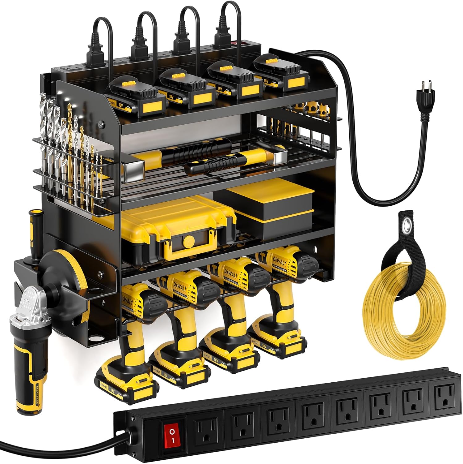 Power Tool Organizer Wall Mount with Charging Station,Tool Storage Rack with 8 Outlet Power Strip,Heavy Duty Metal