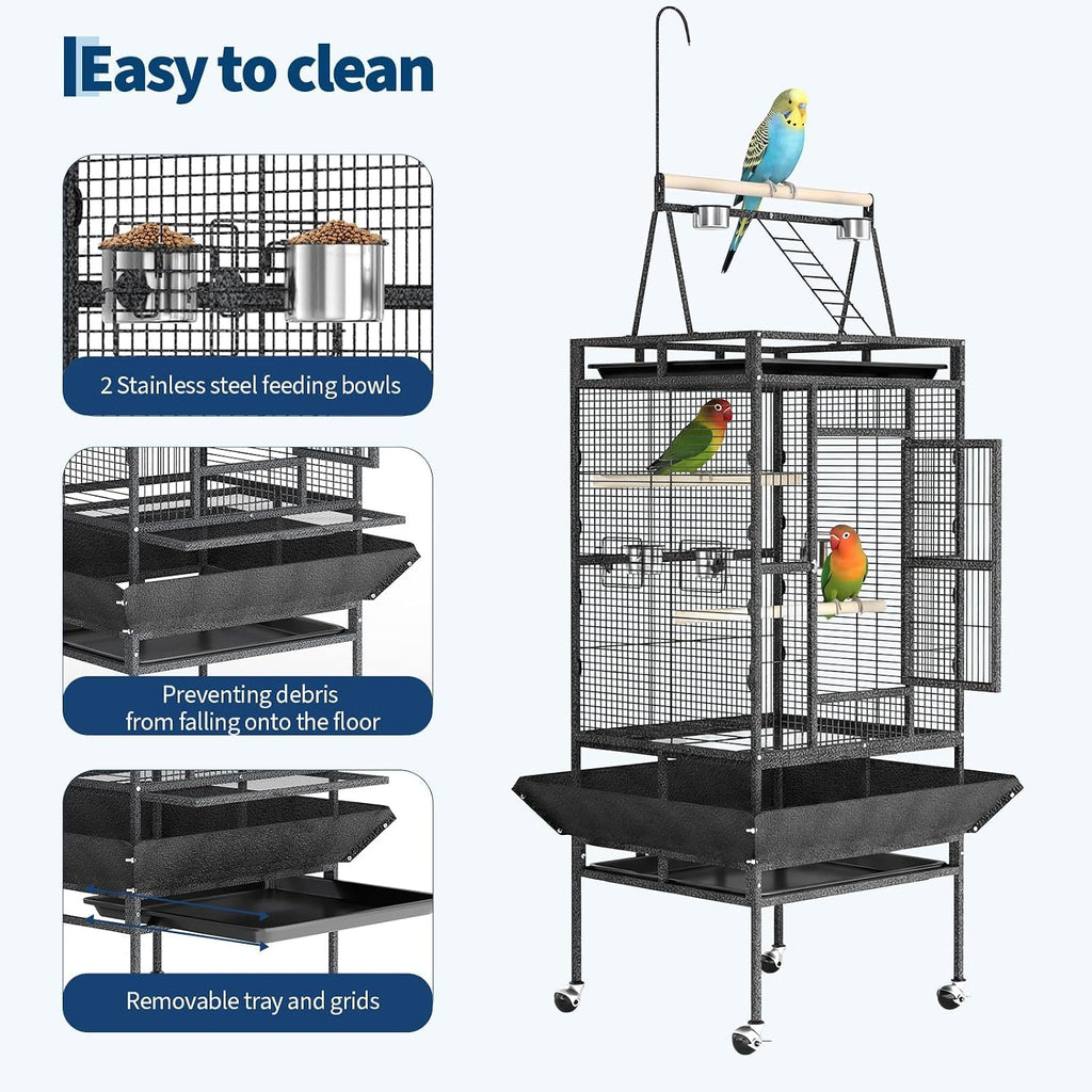 Extra Large 82" Parrot Cage with Play Top – Heavy Duty Wrought Iron Aviary, Rolling Stand, Secure Lock, Easy-Clean