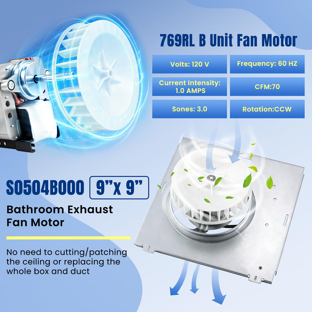 Bathroom Fan Motor Replacement for Nutone 769RL/769RL B Unit/763RL/763RLL/763RLN B Unit/85315000/S0504B000 Bathroom Exhaust Fan Motor, 2.0 Sone, 70 CFM, CCW - 9"x 9" Mounting Plate by Fetechmate