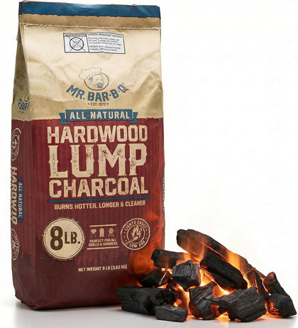 8 LB. All Natural Hardwood Lump Charcoal by Mr. Bar-B-Q - Premium Natural Charcoal for Grilling, BBQ, Smoking, Kamado