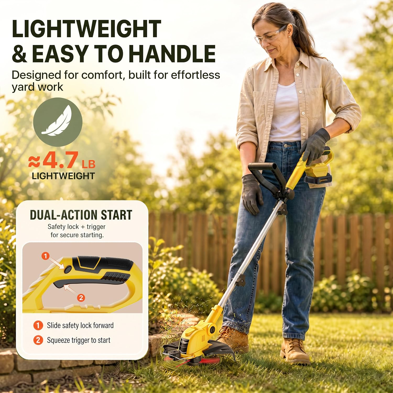 21V Cordless Weed Wacker,12 Inch String Trimmer with Auto Line Feed | Battery Powered Weed Eater with 2 x 2.0Ah