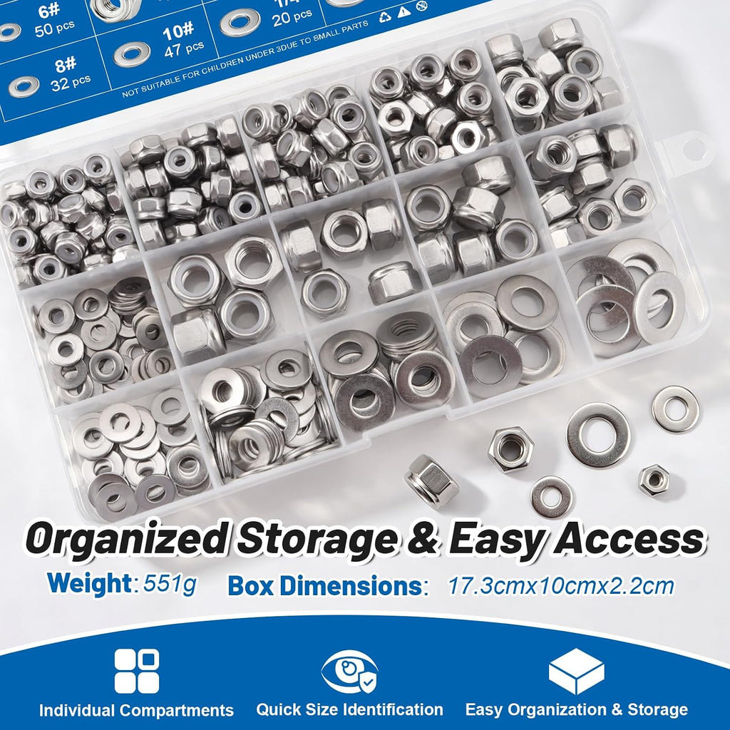 SAE Lock Nut Flat Washer Kit 330Pcs 304 Stainless Nylon Insert Locknut