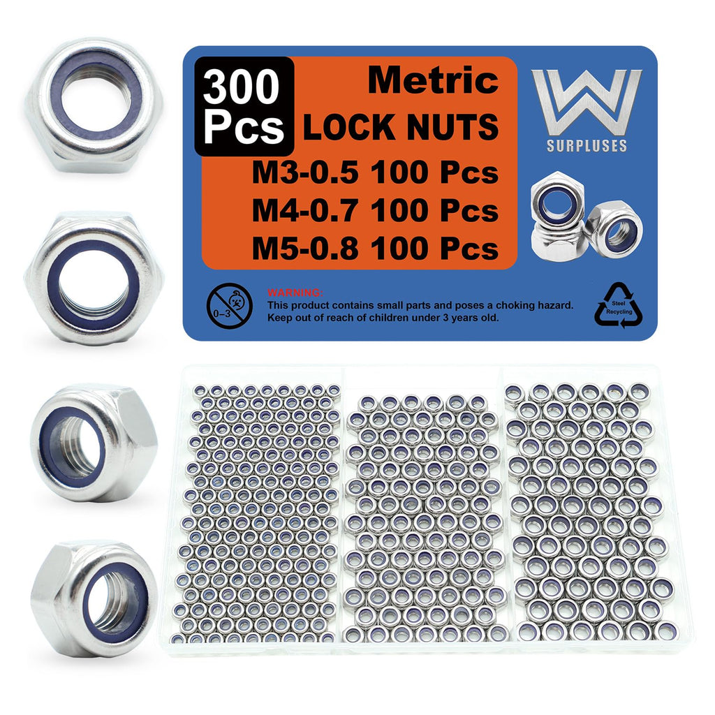 300 Pcs M3 M4 M5 Lock Nuts Kit, 304 Stainless Steel Hardware Nuts