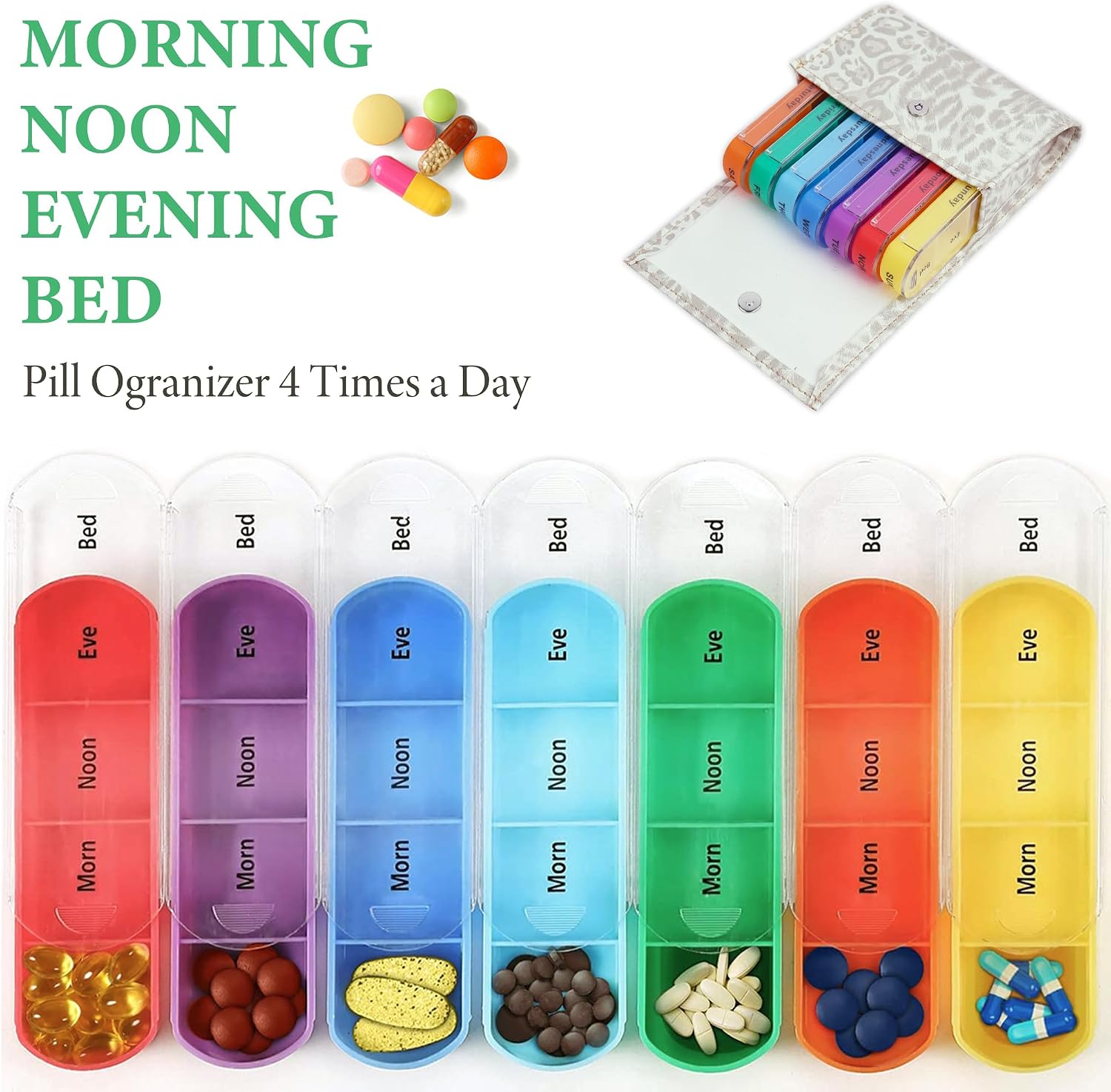 Pill Organizer,Haecsfl Weekly Travel Pill Case Box Medication Reminder Daily AM PM, Day Night 7 Compartments,for 4