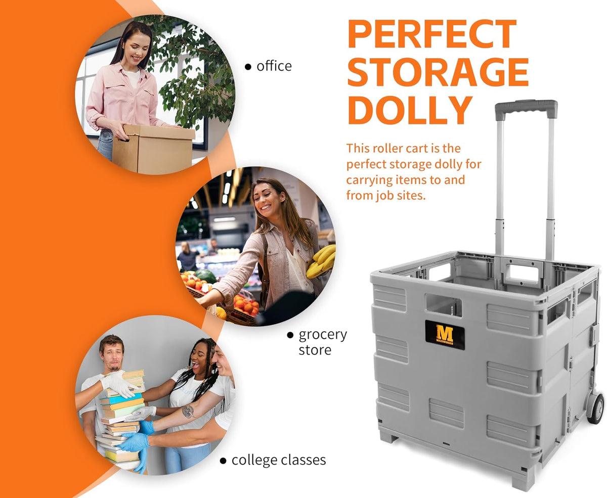Collapsible Rolling Utility Cart with Lid 80 lb Capacity Folding Dolly with Telescoping Handle Heavy Duty Plastic