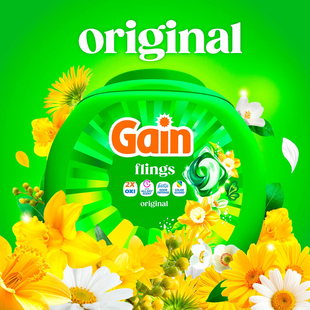 Flings Liquid Washing Detergent Pacs, Now with Odor Defense + Color Guard, Original Scent, 4-In-1 Liquid Laundry