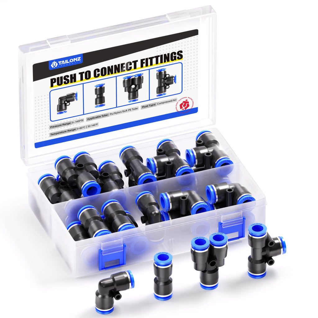 TAILONZ 3/8" Push to Connect Fitting Splitters+Elbows+Tees+Straights 20Pcs