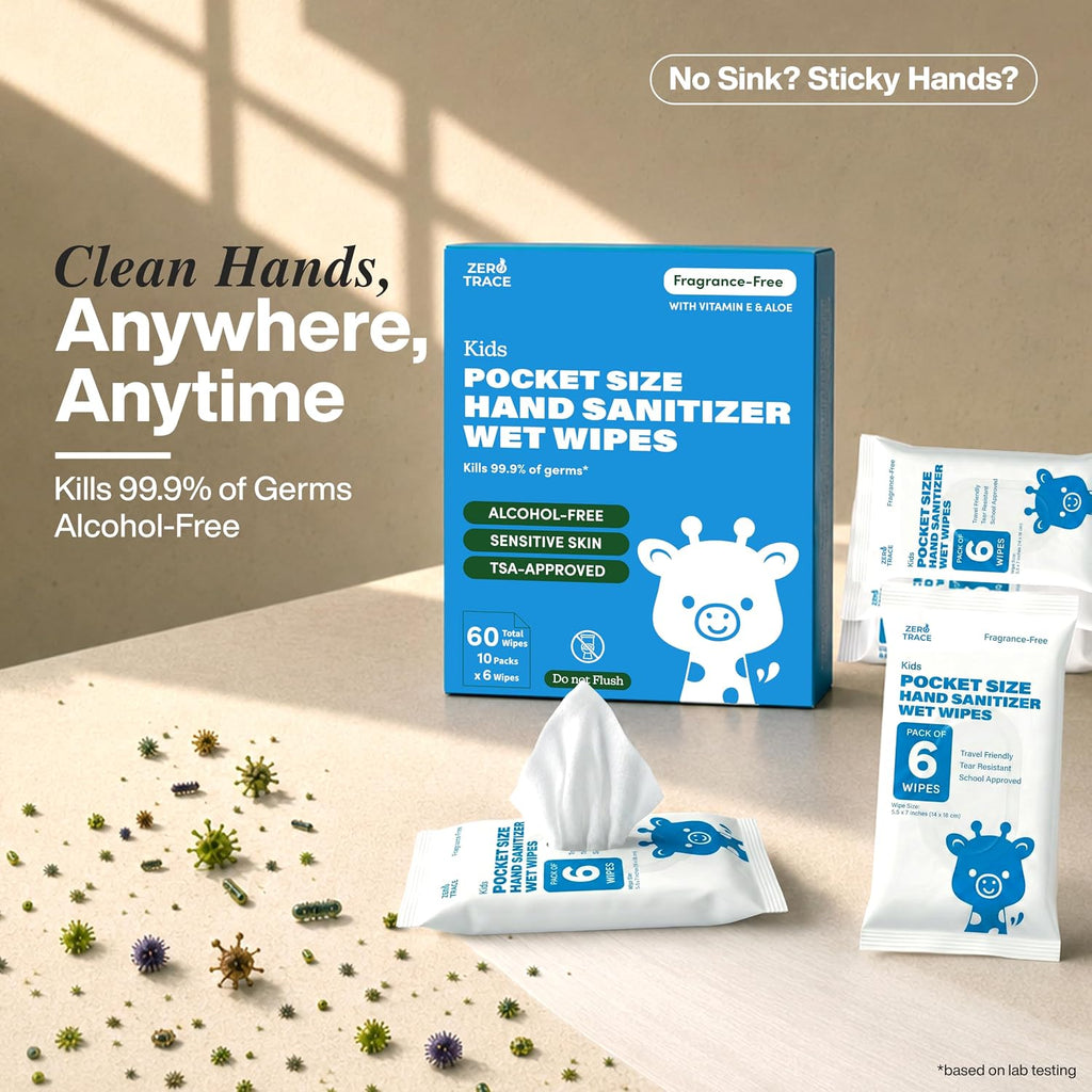 Pocket Hand Sanitizer Wipes – Alcohol-Free & Fragrance-Free – Kills 99.9% of Germs – Safe for Kids & Sensitive Skin –