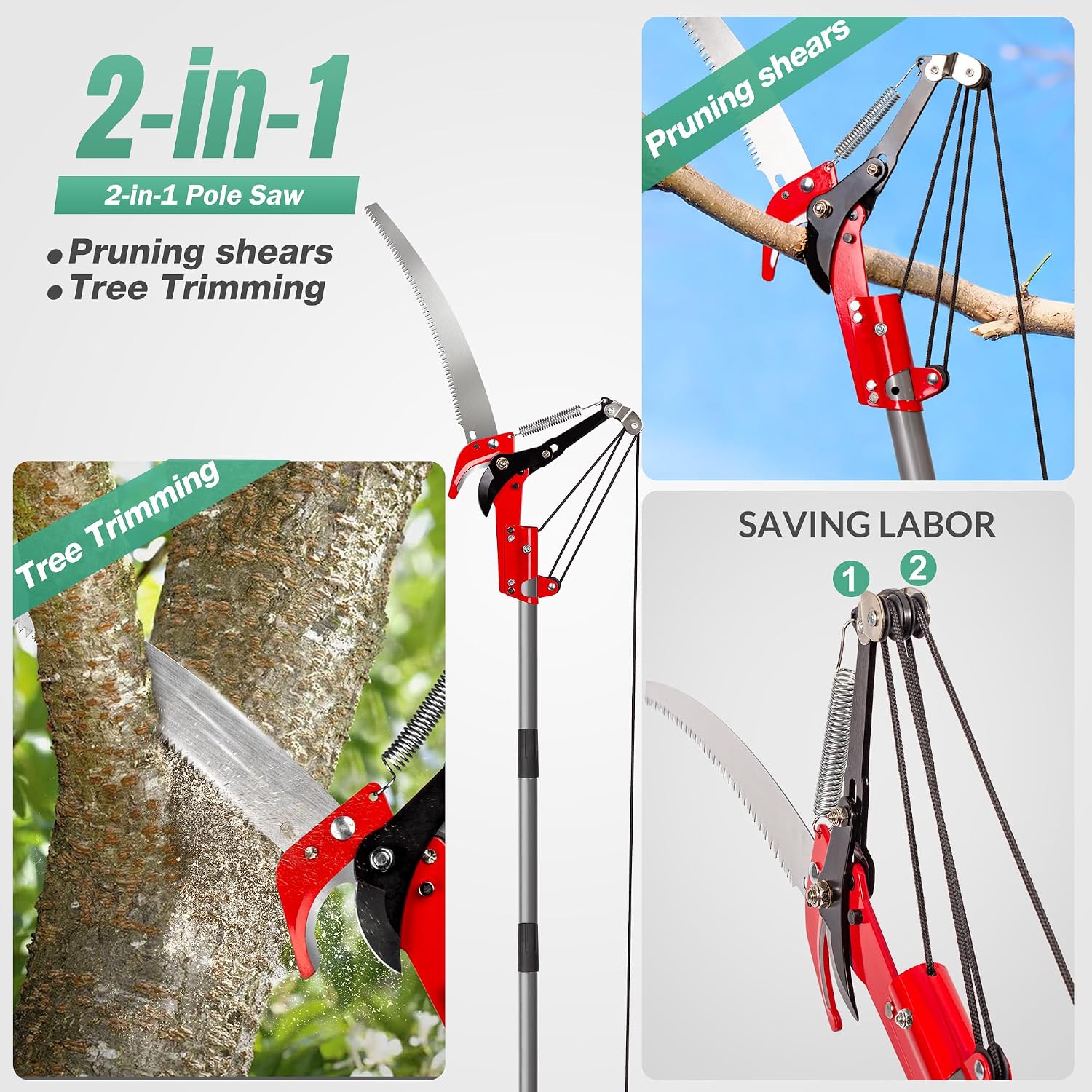 Pole Saw for Tree Trimming, 2-in-1 Tree Pruner with Saw & Pruning Scissors, 14FT Tree Trimmer, Quadruple Pulley