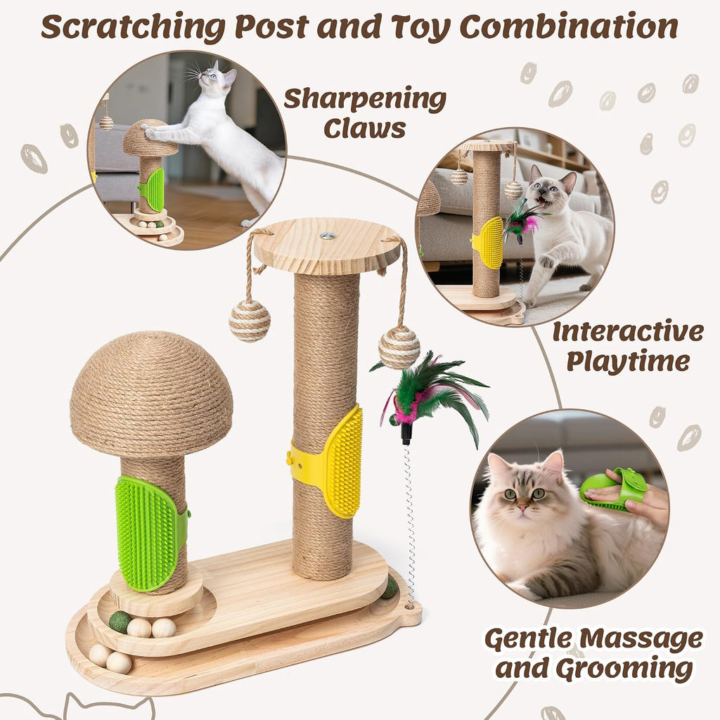 Cat Scratching Post Interactive - 5-in-1 Kitten Scratch Post Self Play Toy, Vertical Scratcher and Self Groomer for